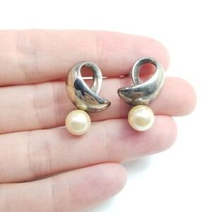 Vintage Faux Pearl Stud Earrings, Silver Tone Swirl Setting, Minimal Modern